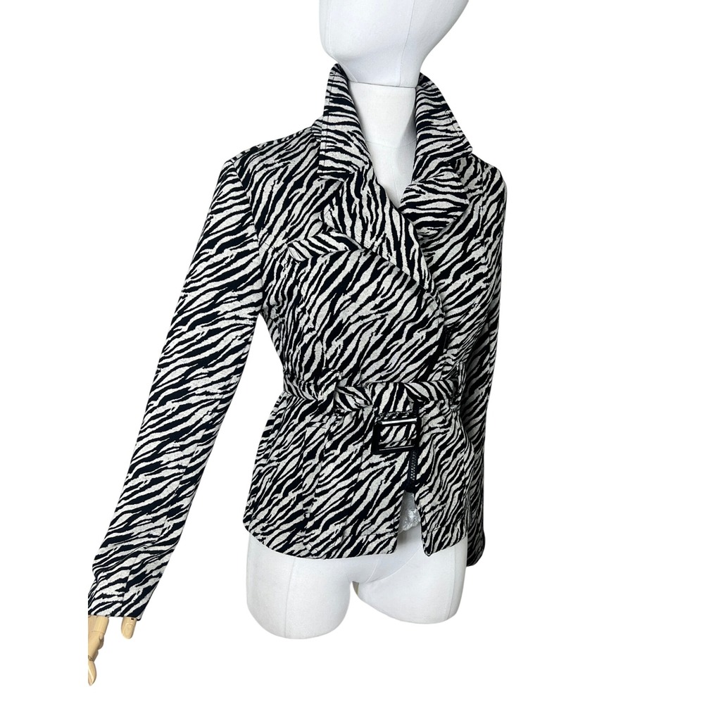 First Option Womens Zebra Print Belted Asymmetrical Zip Jacket Black White Small